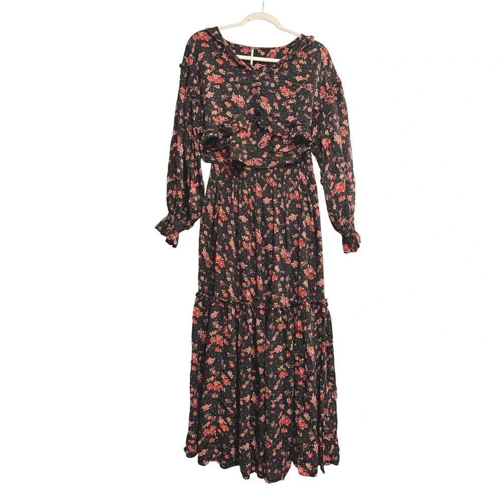 Free People Secret Garden Set Boho Black Floral Tiered Maxi Skirt Set Black S/M